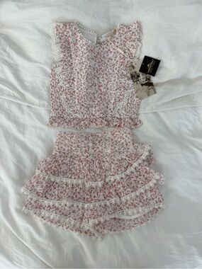 Hannah Banana Pink & White Floral Lace Ruffle Top